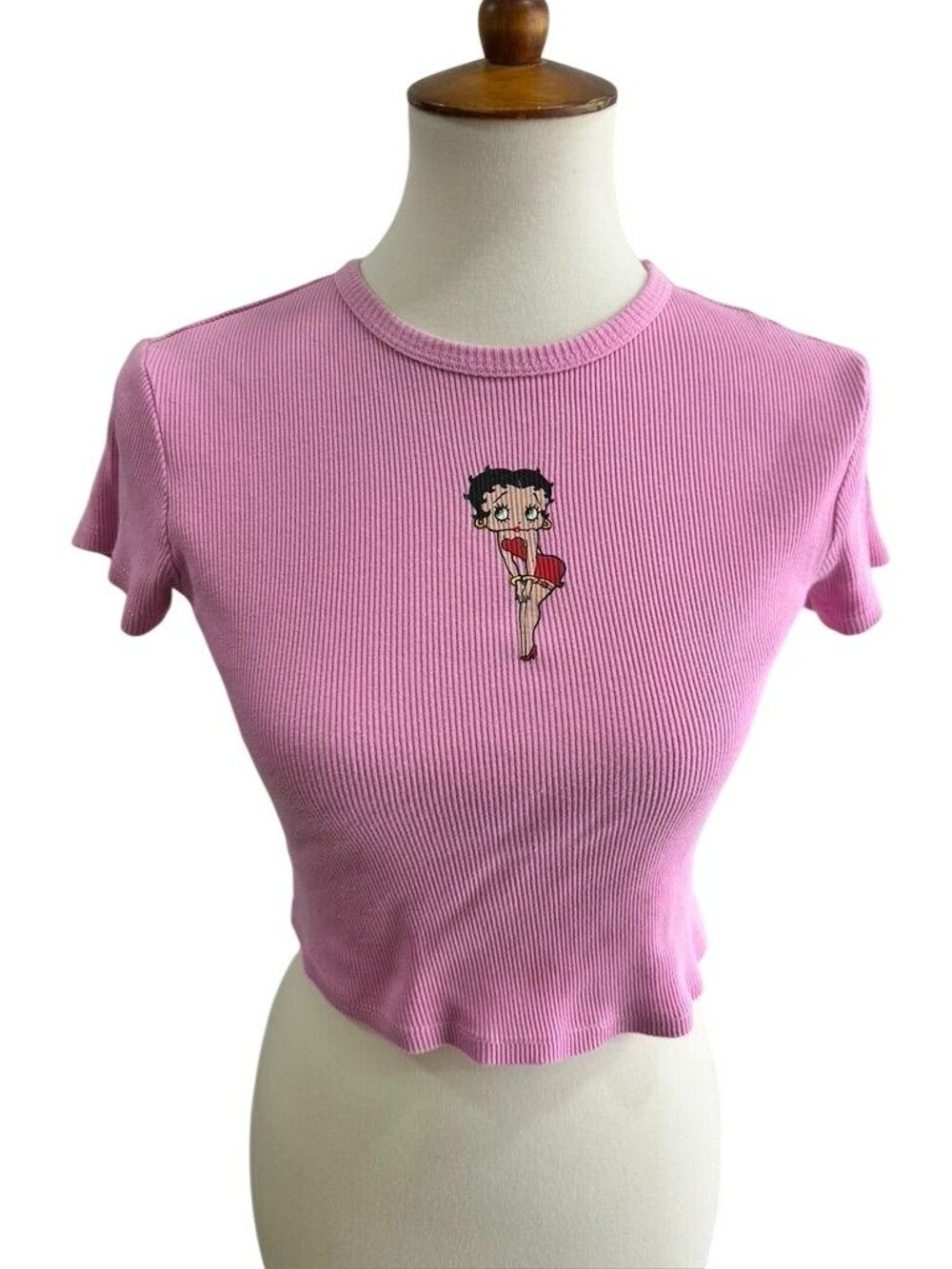 Betty Boop Pink Ribbed Cropped T-Shirt With Embroidered Design MD Womens